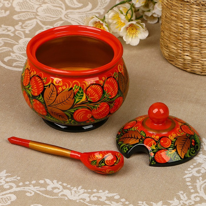 Сахарница «Двойной фон», с ложкой, 13х9 см, 400 мл, хохлома