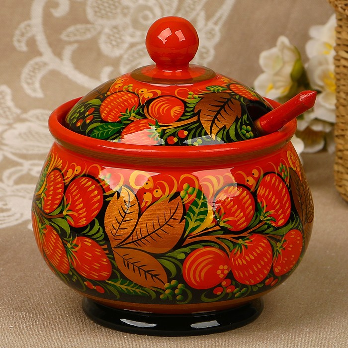 Сахарница «Двойной фон», с ложкой, 13х9 см, 400 мл, хохлома