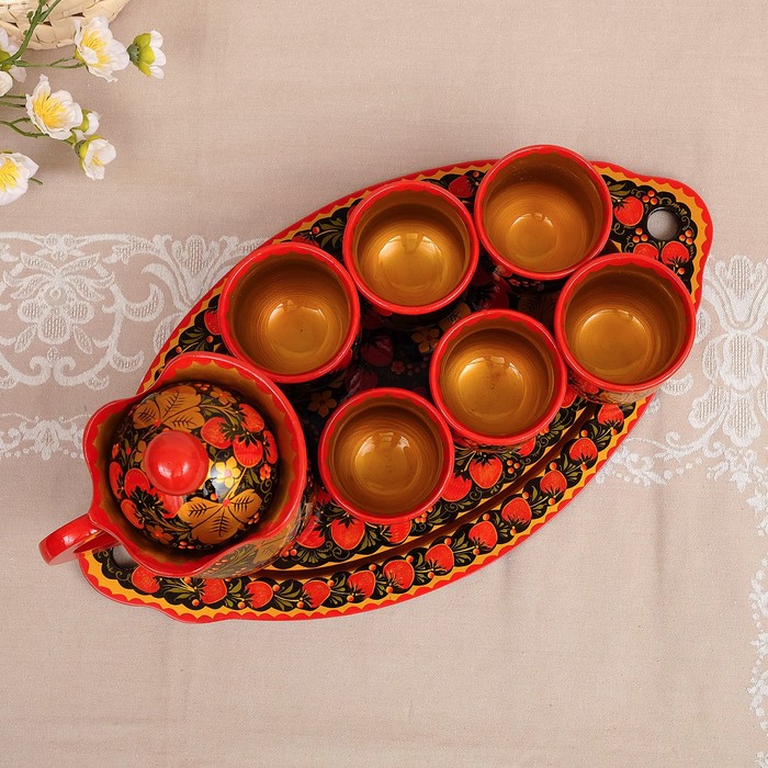 Набор для сока 8 пр: кувшин 16х12см, 0,85л, поднос 38х28см, 6 стаканов 7х10см, 0,2л, хохлома