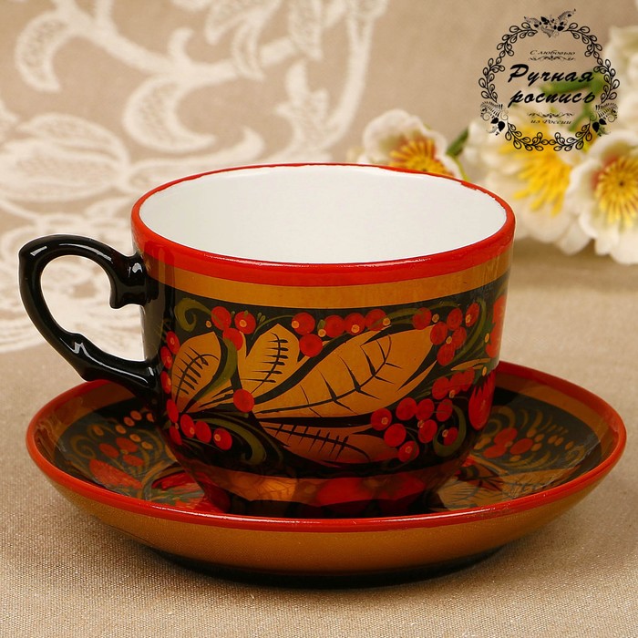 Чайная пара «Земляничка», 9х5 см, 200 мл, хохлома, фарфор