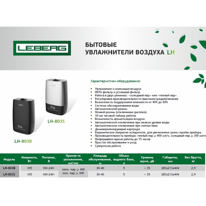 Увлажнитель Leberg LH-803S, 5 л, 40 м², серебристый