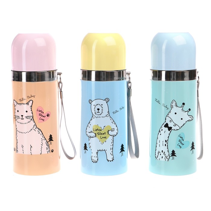 Термос 350 мл «Любимые животные», на шнурке, держит тепло 8 ч, микс животных, 6.8х19 см