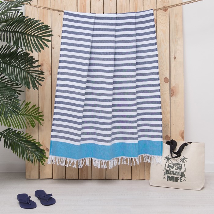 Полотенце пештемаль Turkish towel Полоса, голубой бордюр, 100х150 см, 330г/м2, хлопок 100%