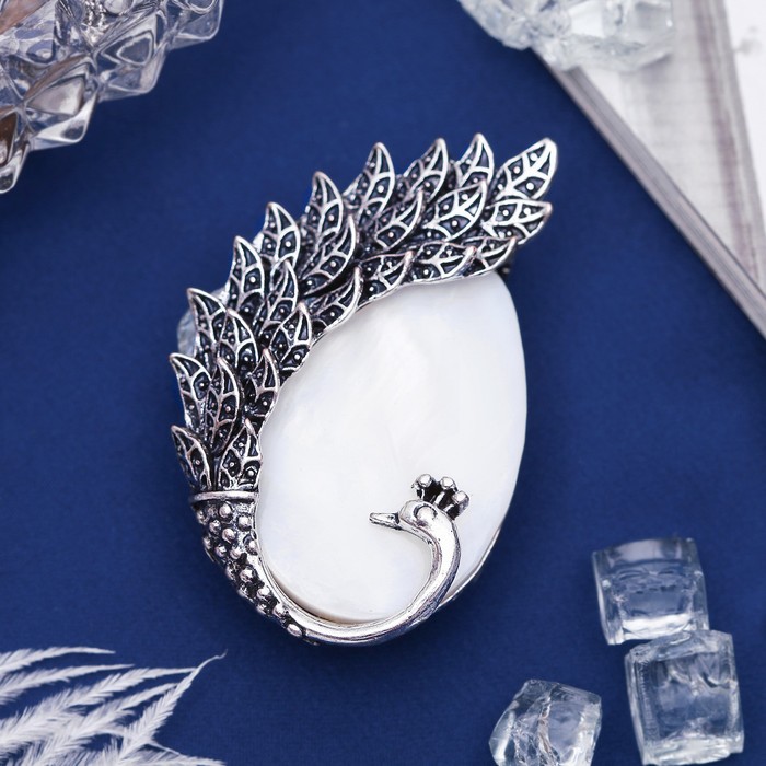 Брошь хвост павлина "Перламутр" в чернёном серебре