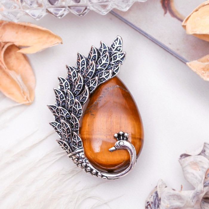 Брошь хвост павлина "Тигровый глаз" в чернёном серебре