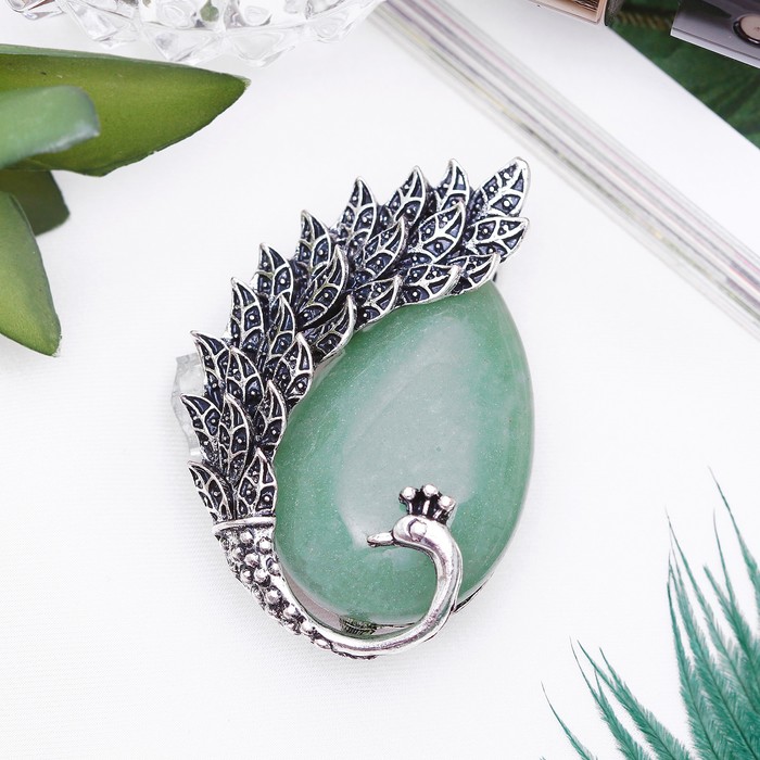Брошь хвост павлина "Нефрит" в чернёном серебре