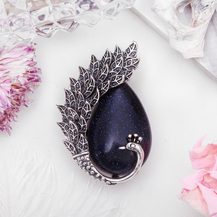 Брошь хвост павлина "Авантюрин синий" в чернёном серебре