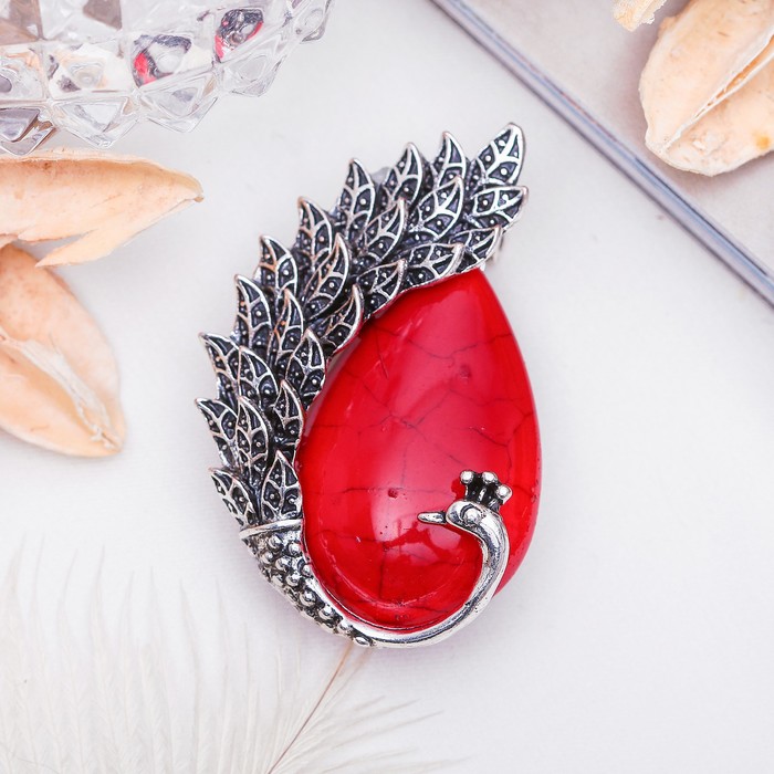 Брошь хвост павлина "Коралл" в чернёном серебре