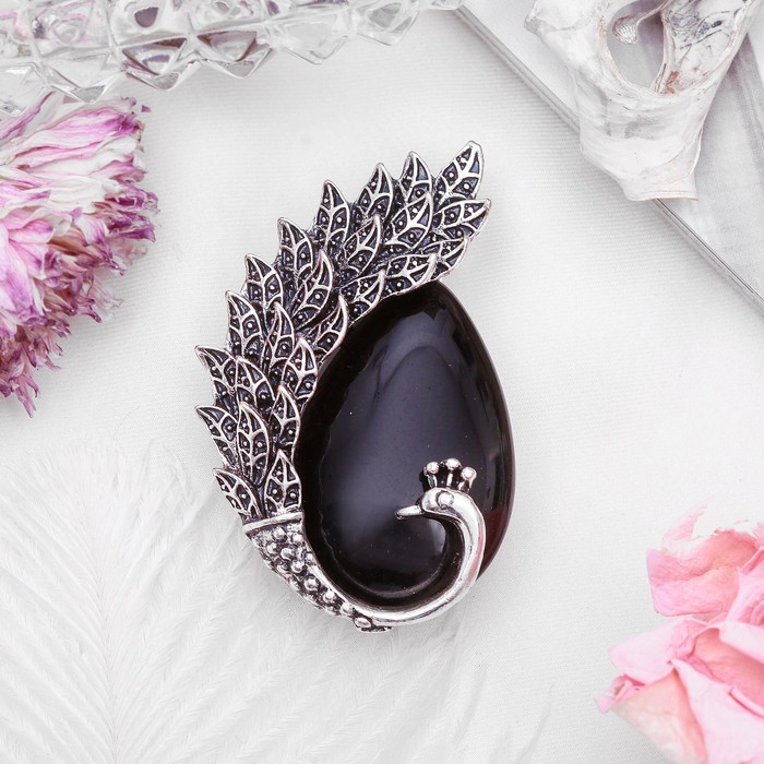 Брошь хвост павлина "Агат чёрный" в чернёном серебре