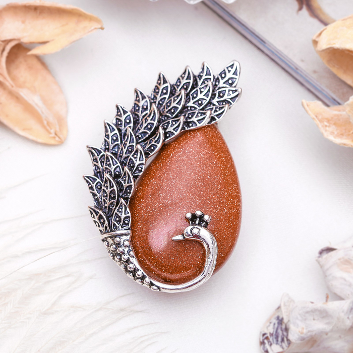 Брошь хвост павлина "Авантюрин коричневый" в чернёном серебре