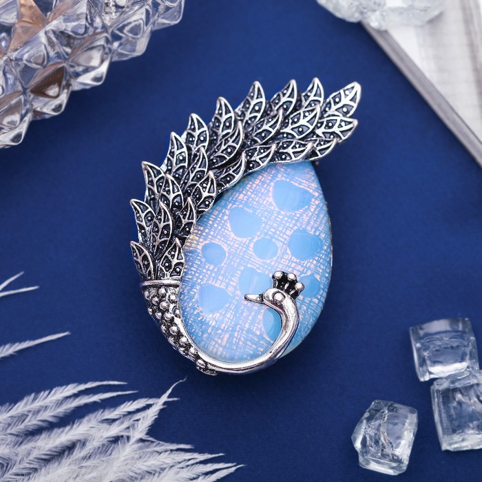 Брошь хвост павлина "Лунный камень" в чернёном серебре