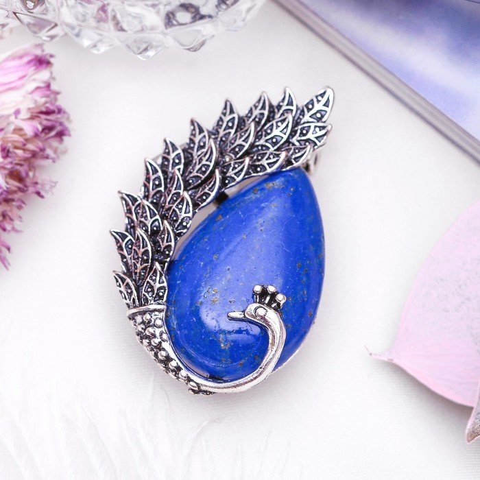 Брошь хвост павлина "Лазурит" в чернёном серебре
