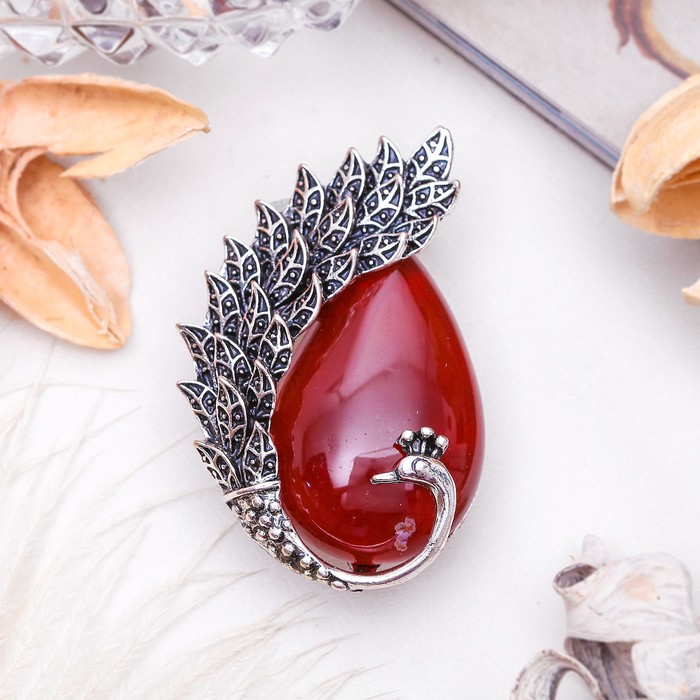 Брошь хвост павлина "Сердолик" в чернёном серебре