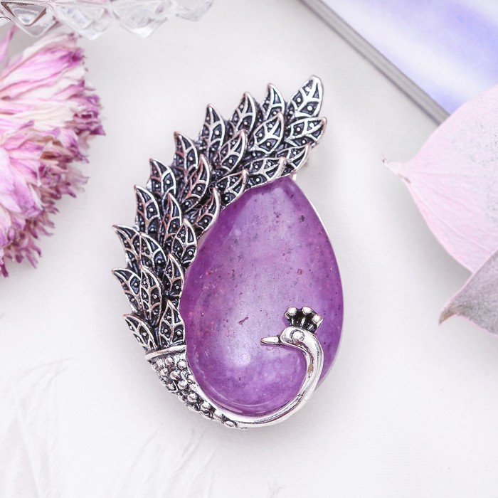 Брошь хвост павлина "Аметист" в чернёном серебре