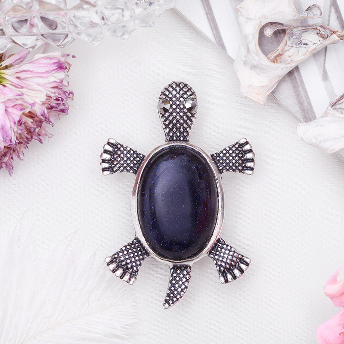 Брошь черепашка "Авантюрин синий" в чернёном серебре