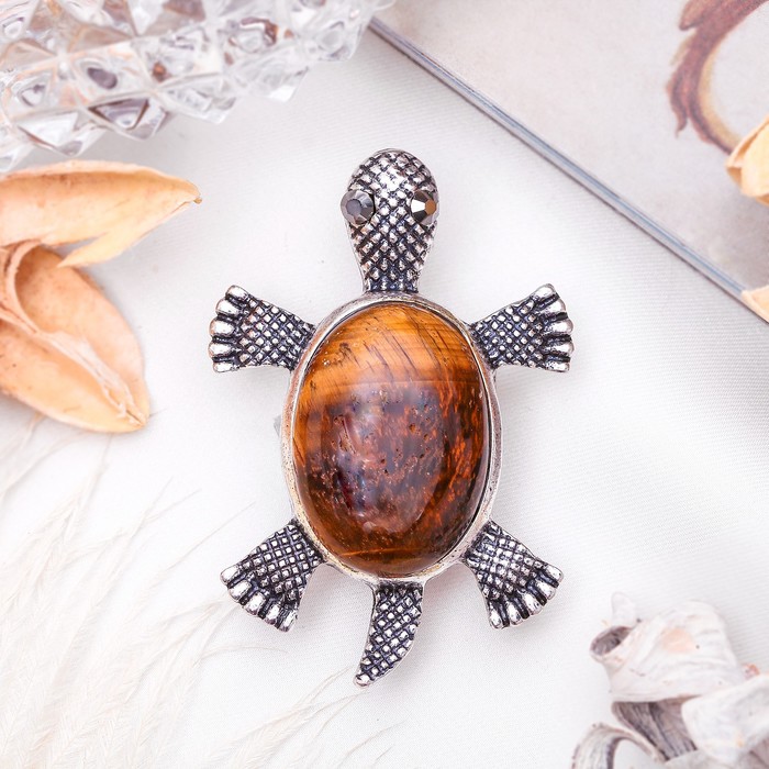 Брошь черепашка "Тигровый глаз" в чернёном серебре