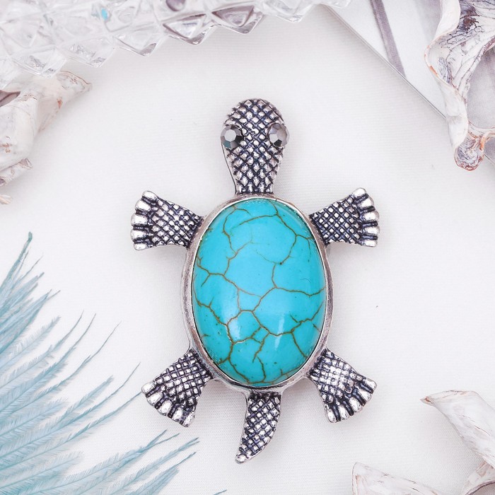 Брошь черепашка "Бирюза" в чернёном серебре