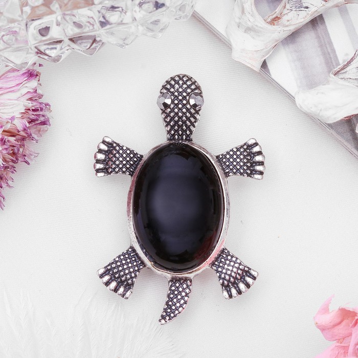 Брошь черепашка "Агат чёрный" в чернёном серебре