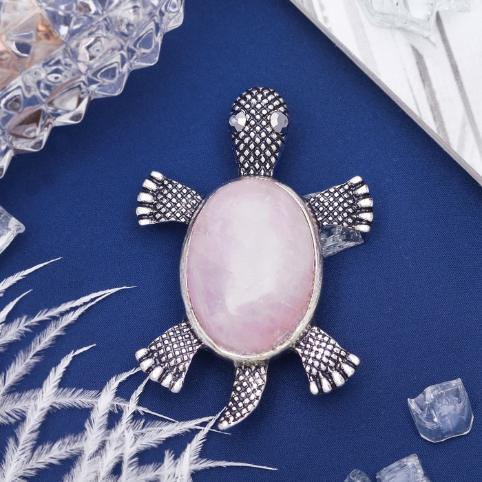Брошь черепашка "Кварц розовый" в чернёном серебре