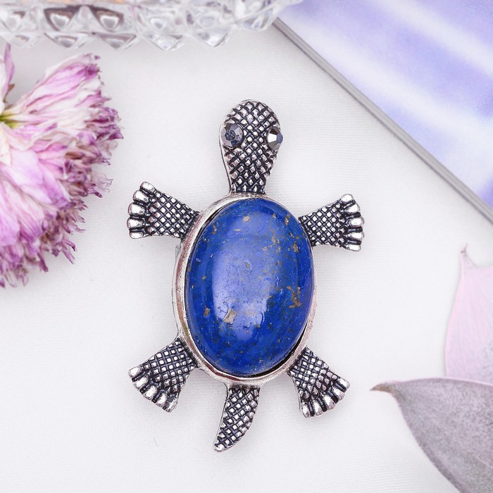 Брошь черепашка "Лазурит" в чернёном серебре