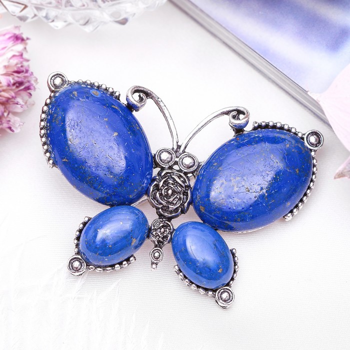 Брошь бабочка макси "Лазурит" в чернёном серебре