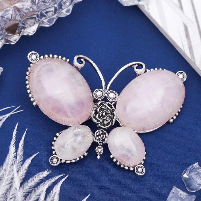 Брошь бабочка макси "Кварц розовый" в чернёном серебре