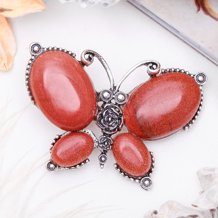 Брошь бабочка макси "Авантюрин коричневый" в чернёном серебре