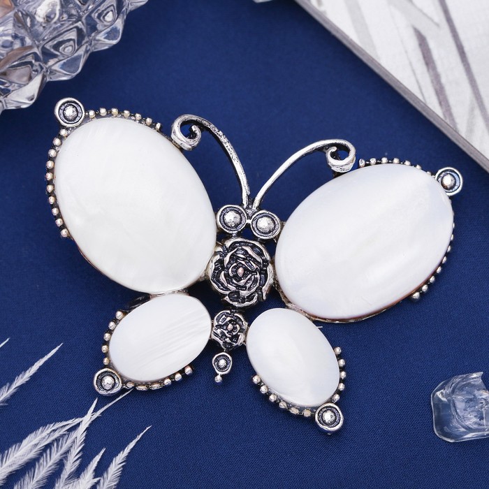 Брошь бабочка макси "Перламутр" в чернёном серебре
