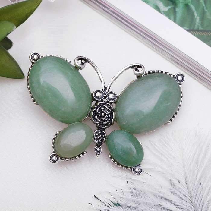 Брошь бабочка макси "Нефрит" в чернёном серебре