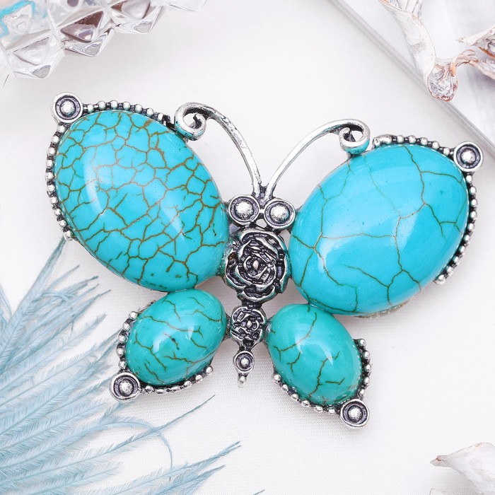 Брошь бабочка макси "Бирюза" в чернёном серебре