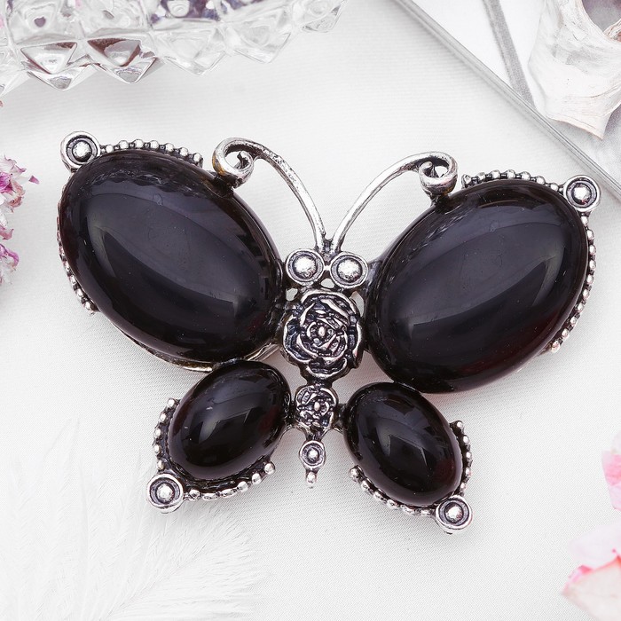 Брошь бабочка макси "Агат чёрный" в чернёном серебре
