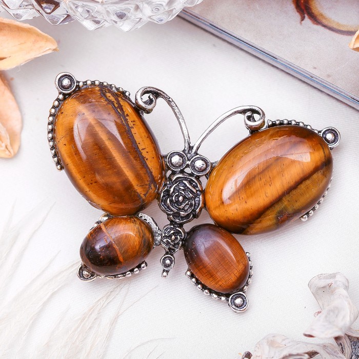 Брошь бабочка макси "Тигровый глаз" в чернёном серебре