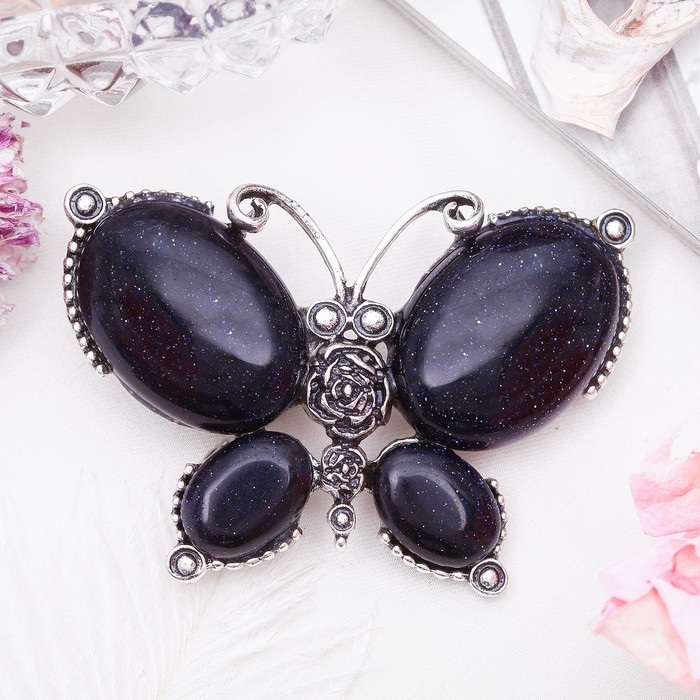 Брошь бабочка макси "Авантюрин синий" в чернёном серебре