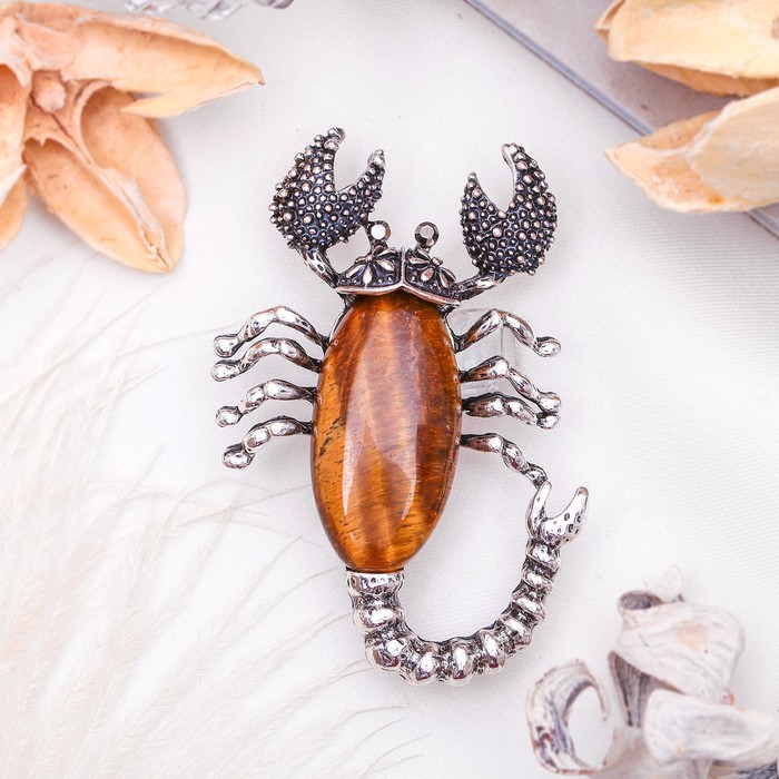 Брошь скорпион "Тигровый глаз" в чернёном серебре