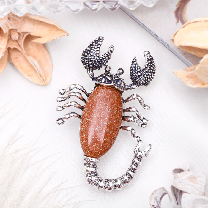 Брошь скорпион "Авантюрин коричневый" в чернёном серебре