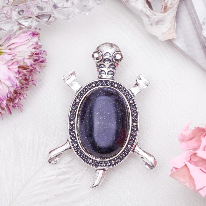 Брошь черепаха "Авантюрин синий" в чернёном серебре