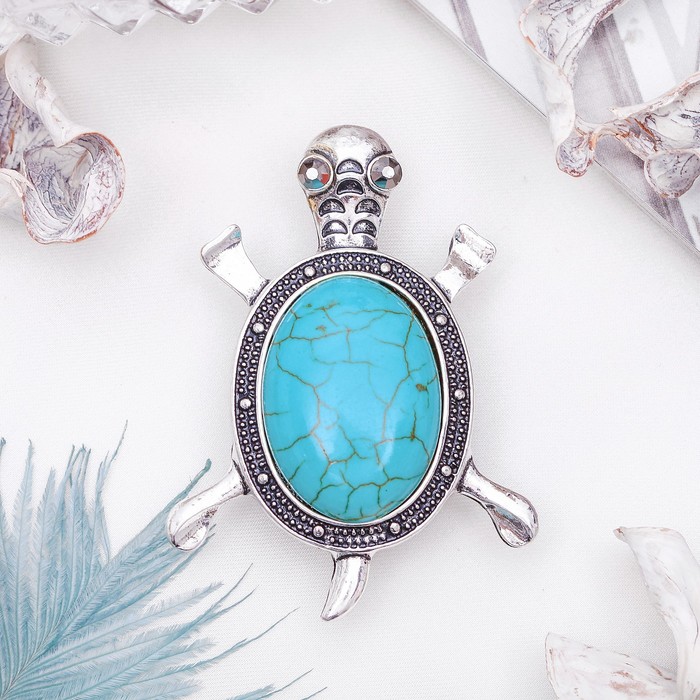 Брошь черепаха "Бирюза" в чернёном серебре
