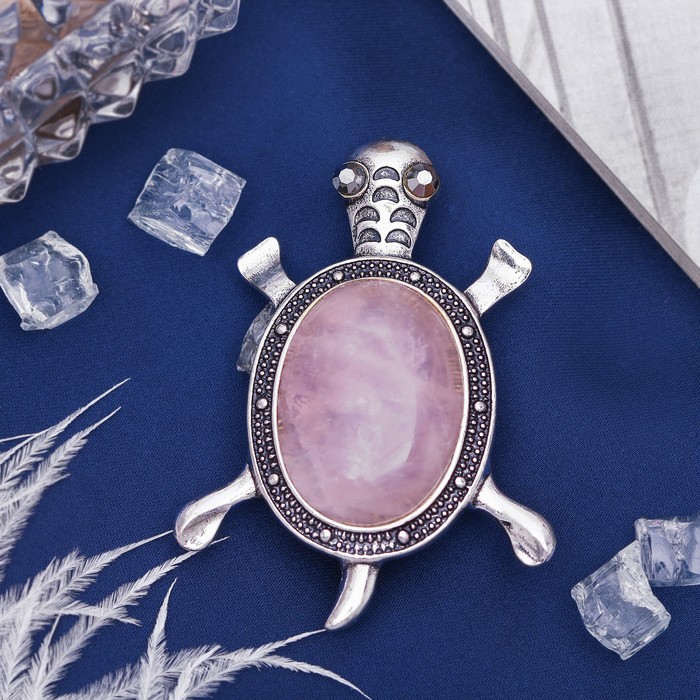 Брошь черепаха "Кварц розовый" в чернёном серебре