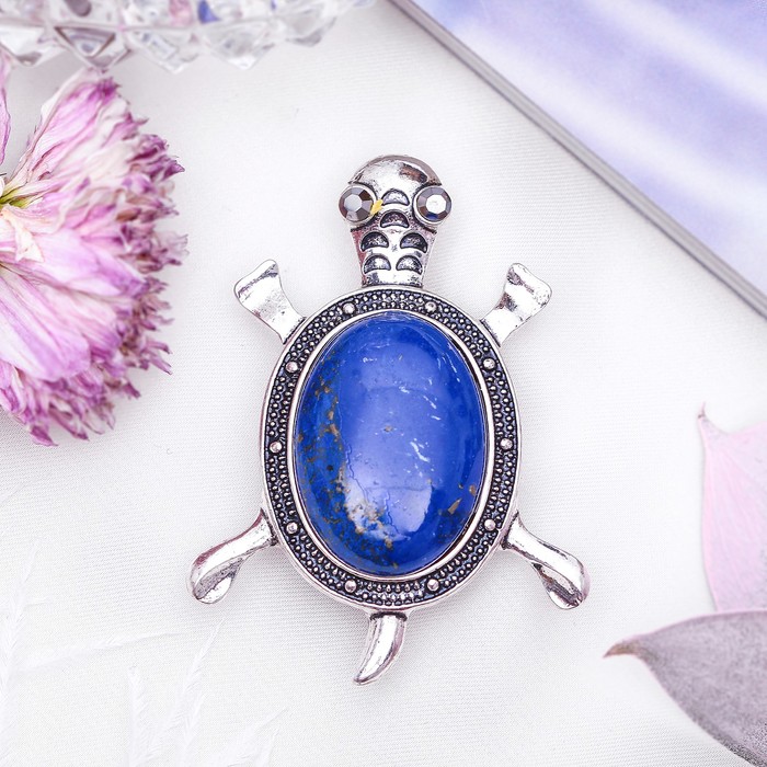 Брошь черепаха "Лазурит" в чернёном серебре