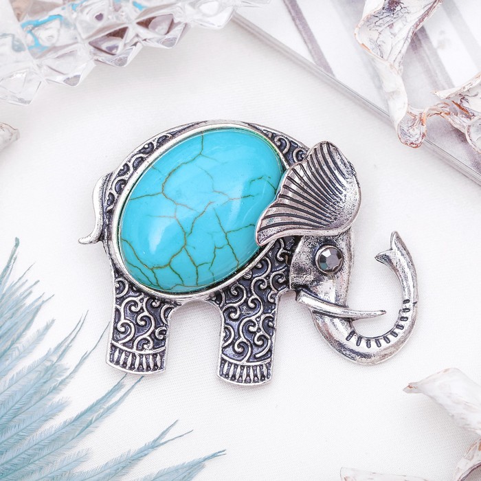 Брошь слоник дамбо "Бирюза" в чернёном серебре