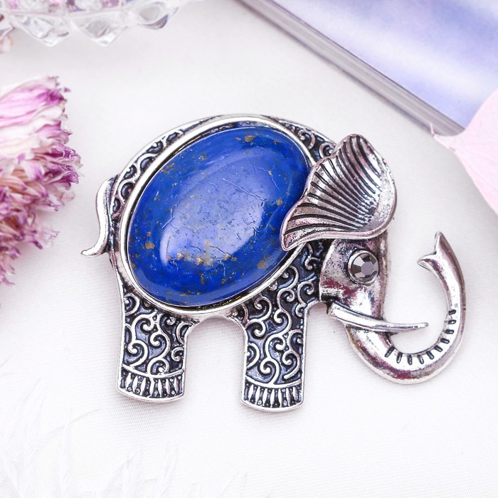 Брошь слоник дамбо "Лазурит" в чернёном серебре