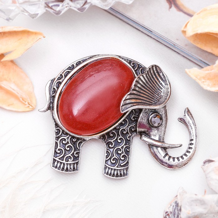 Брошь слоник дамбо "Авантюрин коричневый" в чернёном серебре