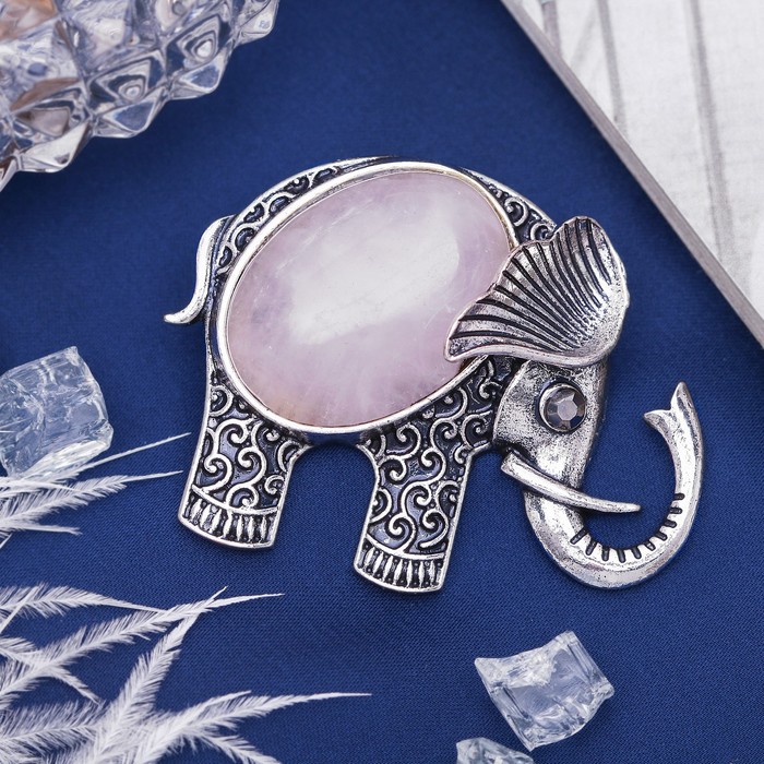 Брошь слоник дамбо "Кварц розовый" в чернёном серебре