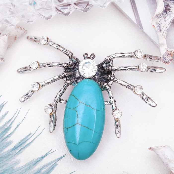 Брошь паучок "Бирюза" со стразами, в чернёном серебре