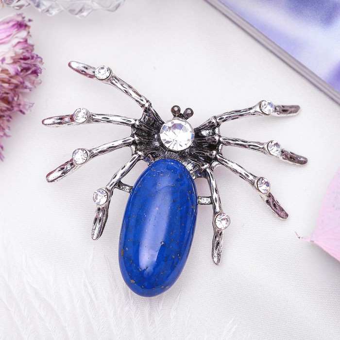Брошь паучок "Лазурит" со стразами, в чернёном серебре