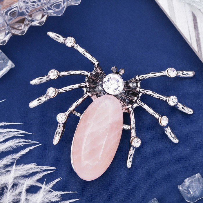 Брошь паучок "Кварц розовый" со стразами, в чернёном серебре