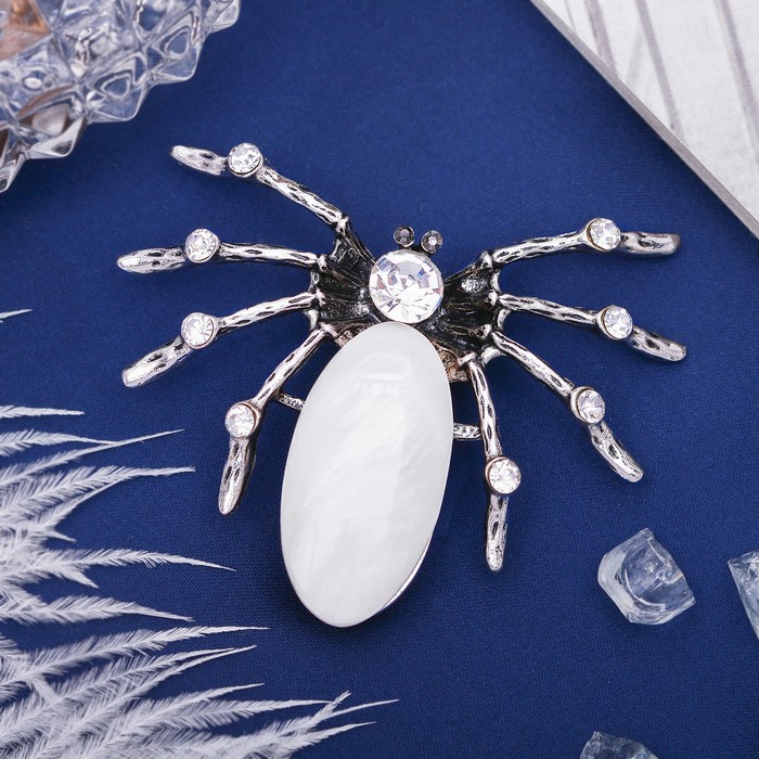 Брошь паучок "Перламутр" со стразами, в чернёном серебре
