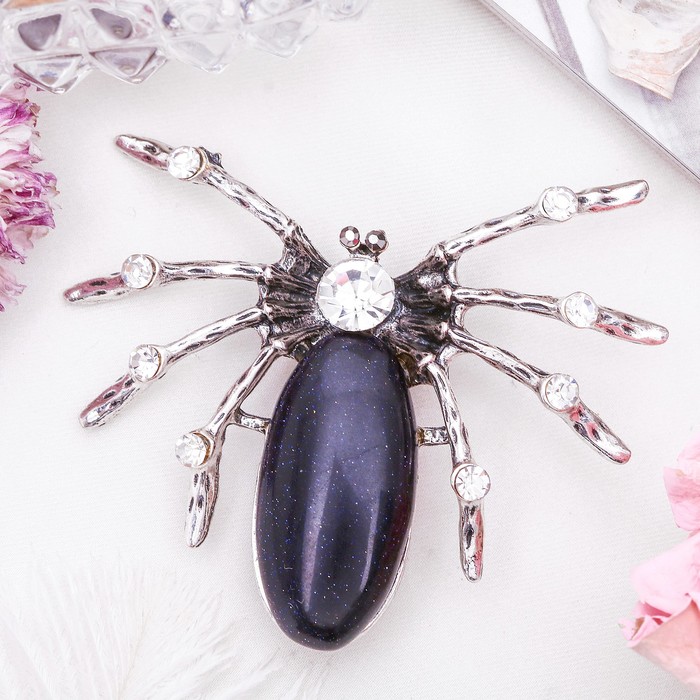 Брошь паучок "Авантюрин синий" со стразами, в чернёном серебре