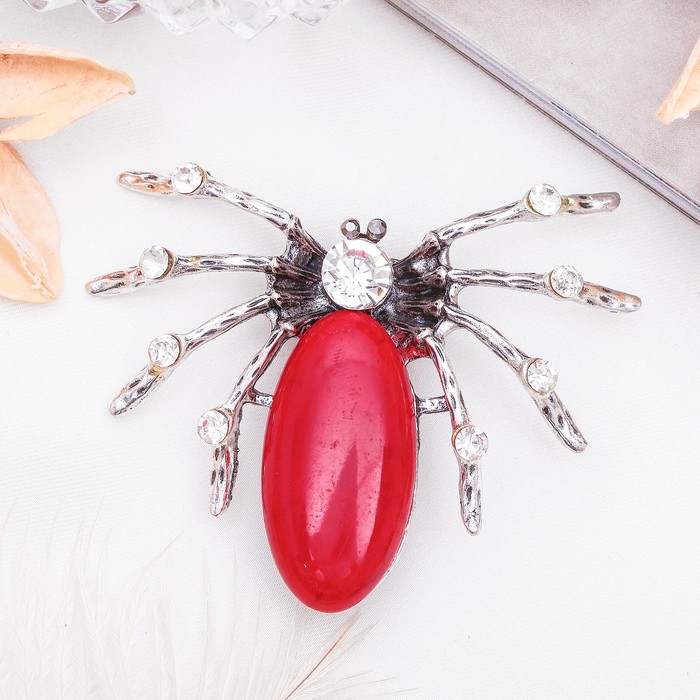 Брошь паучок "Коралл" со стразами, в чернёном серебре