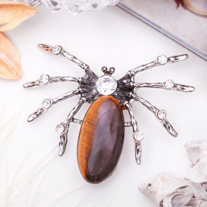 Брошь паучок "Тигровый глаз" со стразами, в чернёном серебре